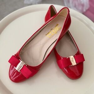 Salvatore Ferragamo Red Patent Leather Flats with Bow
